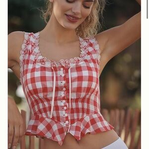 Frankie's Bikinis Red and White Tie Front Crop Tank